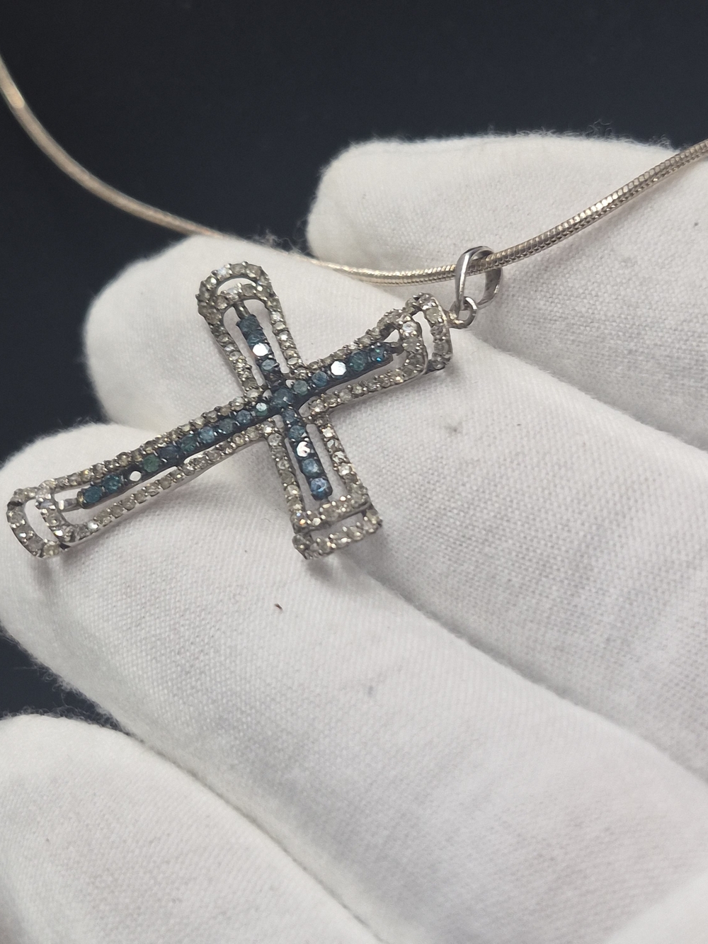 925 Sterling Silver 1 1/2" Blue & White Diamond Openwork Cross Pendant Necklace